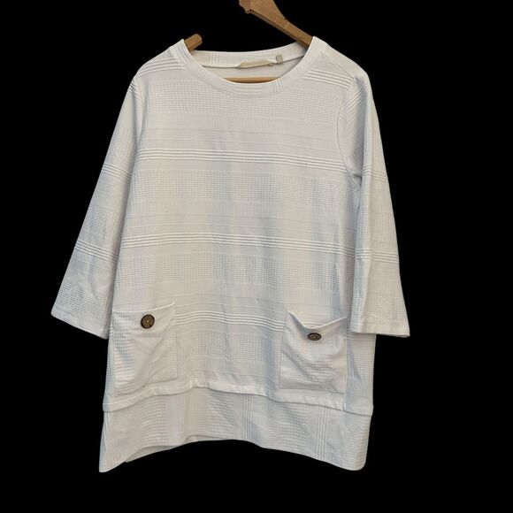 Soft Surroundings White Textured Polyester Scoop Neck Tunic Blouse 3/4 Sleeves L - Picture 1 of 7